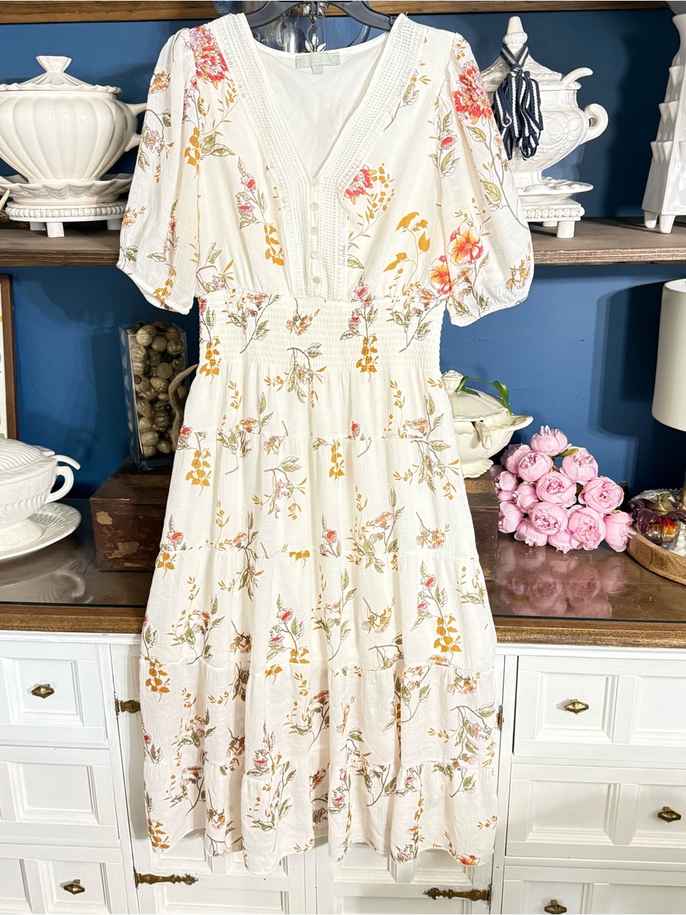 Women's Cream Floral Midi Dress with Puff Sleeves